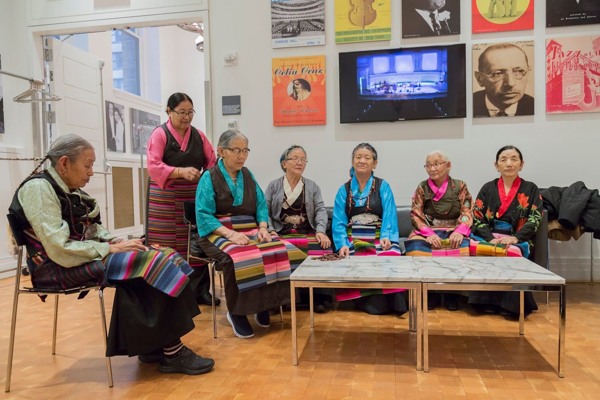 Tibetan elders in their finest dress, backstage at Carnegie Hall