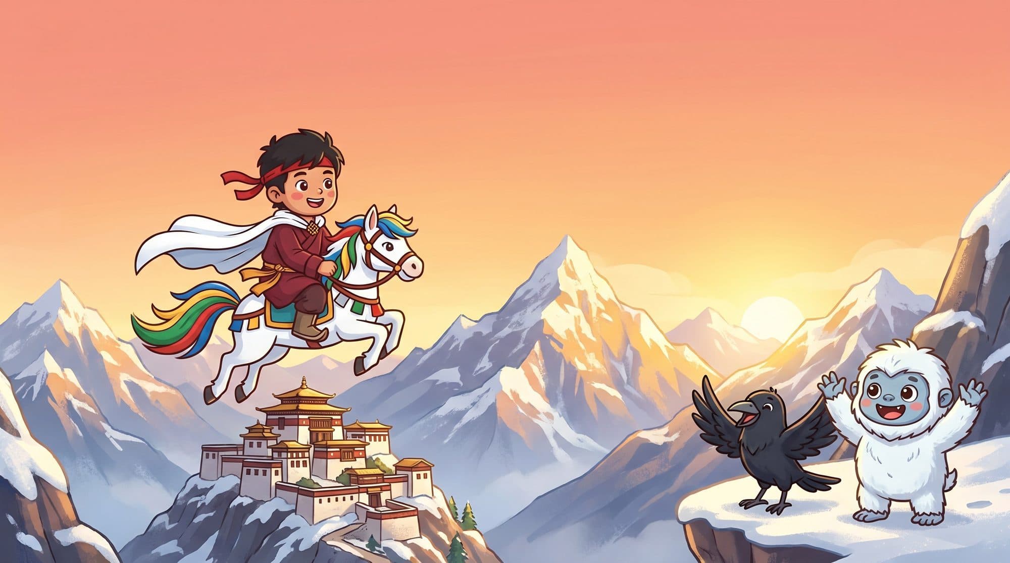 Jangchub on his wind horse above a monastery