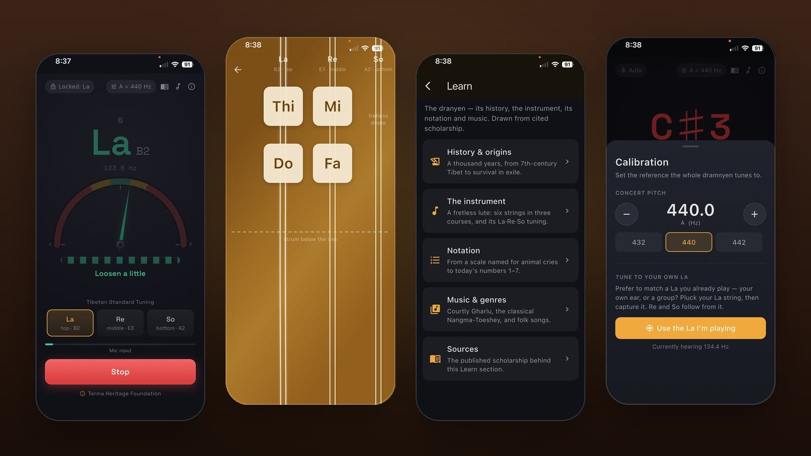 The Dranyen app across four iPhone screens — tuner, playable instrument, and learning guide