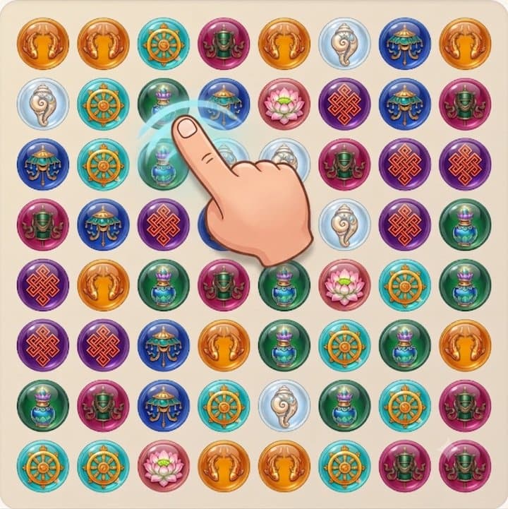 A Norbu Match board — a grid of glossy jewel-like auspicious symbols