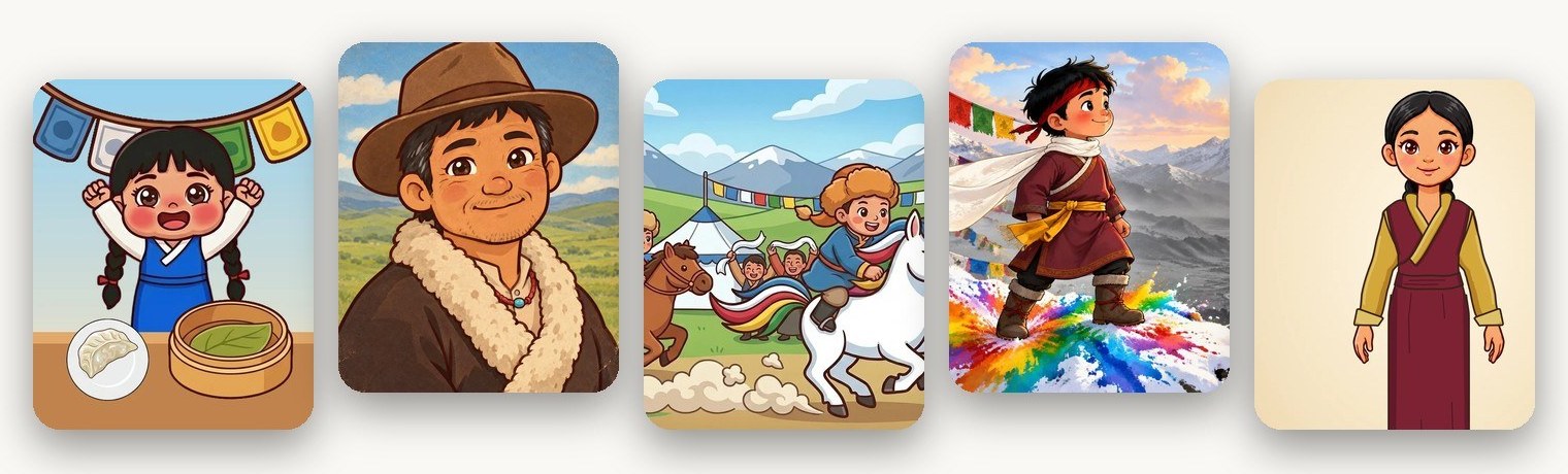 The five games in gamchung: Momo Shop, Butter Run, Horse Festival, Jangchub and the Return of the Jewel, and Losar Dress-Up