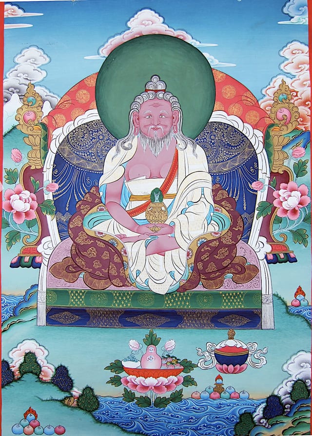 A Tibetan thangka portrait of Thangtong Gyalpo — a white-bearded yogi seated, holding the vase of long life